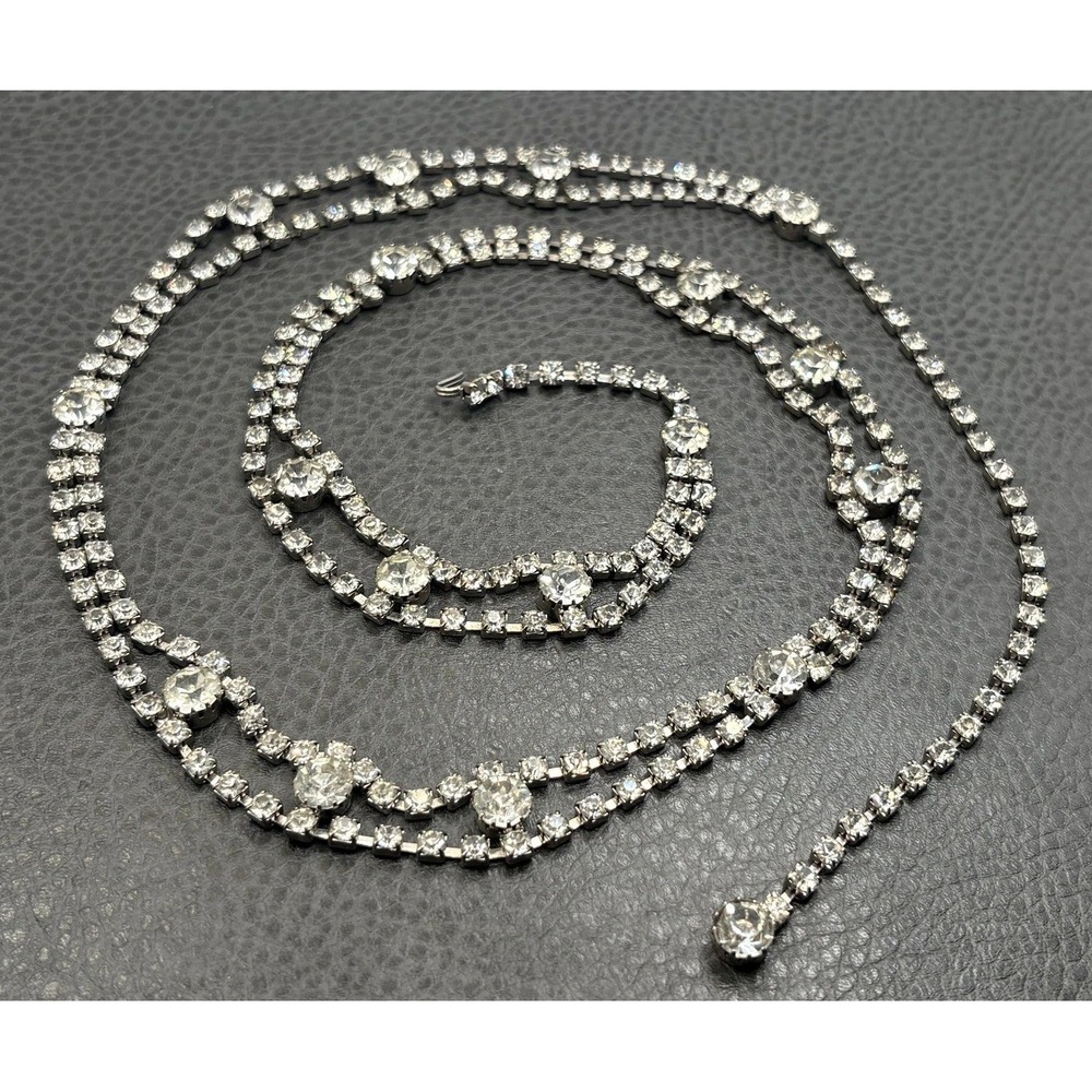 Vintage Rhinestone Double Row Statement Belt Or Necklace Silver Tone 37.5"